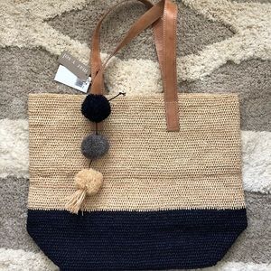 Mar Y Sol Navy Raffia Tote with Pom Poms